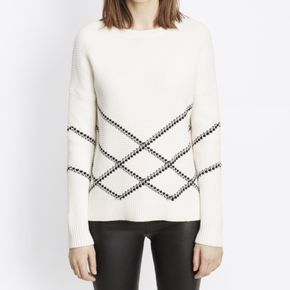Vince Graphic Stitch Crew Neck Sweater in White